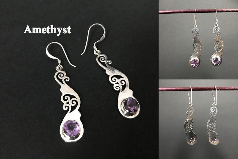 Handmade Foral Stencil Cut Amethyst/ Garnet/ Peridot Earring - Konmay London