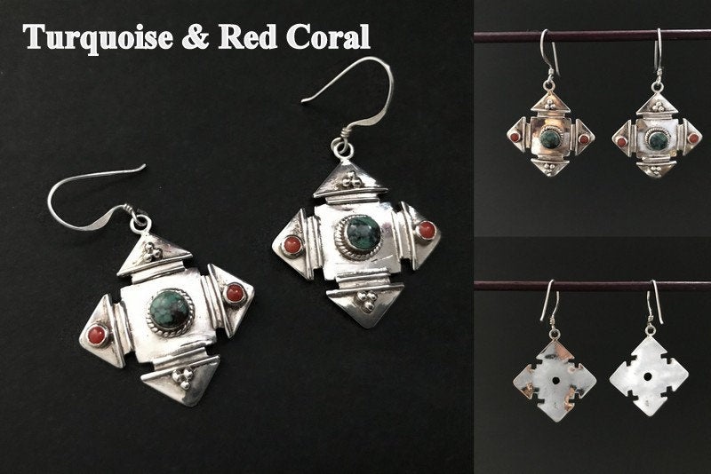 Handmade Yantra Mandala Turquoise/Coral Silver Earrings - Konmay London