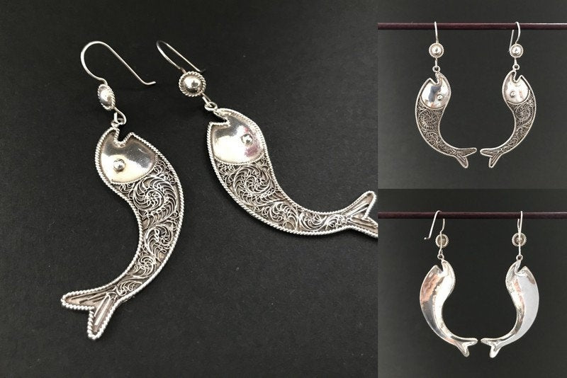 Handmade Filigree Fish Silver Earrings - Konmay London
