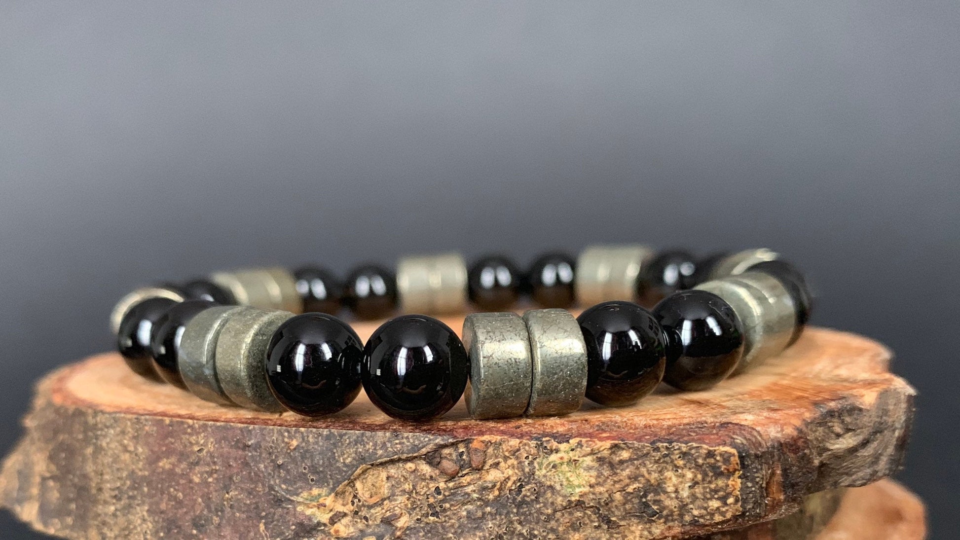 Handmade Personalise Initials Onyx Pyrite Men Women Bracelet - Konmay London