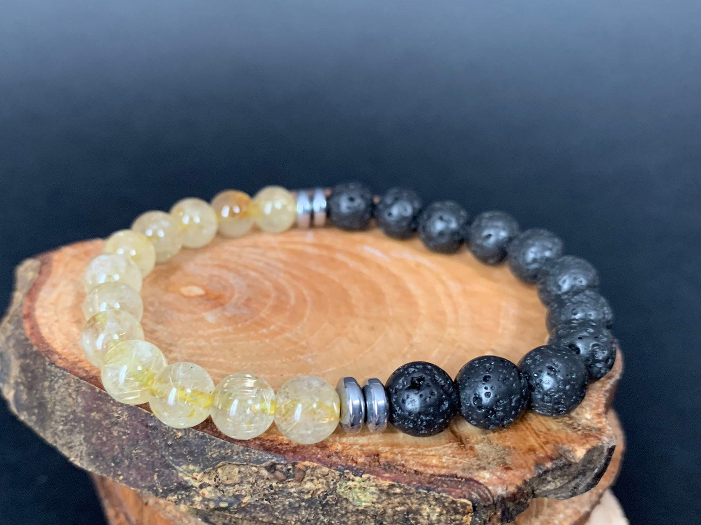Handmade Personalise Initials Rutilated Quartz Lavarock Hematite Men Women Bracelet - Konmay London