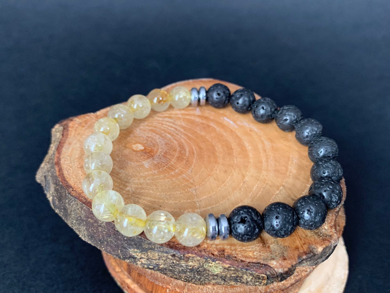 Handmade Personalise Initials Rutilated Quartz Lavarock Hematite Men Women Bracelet - Konmay London