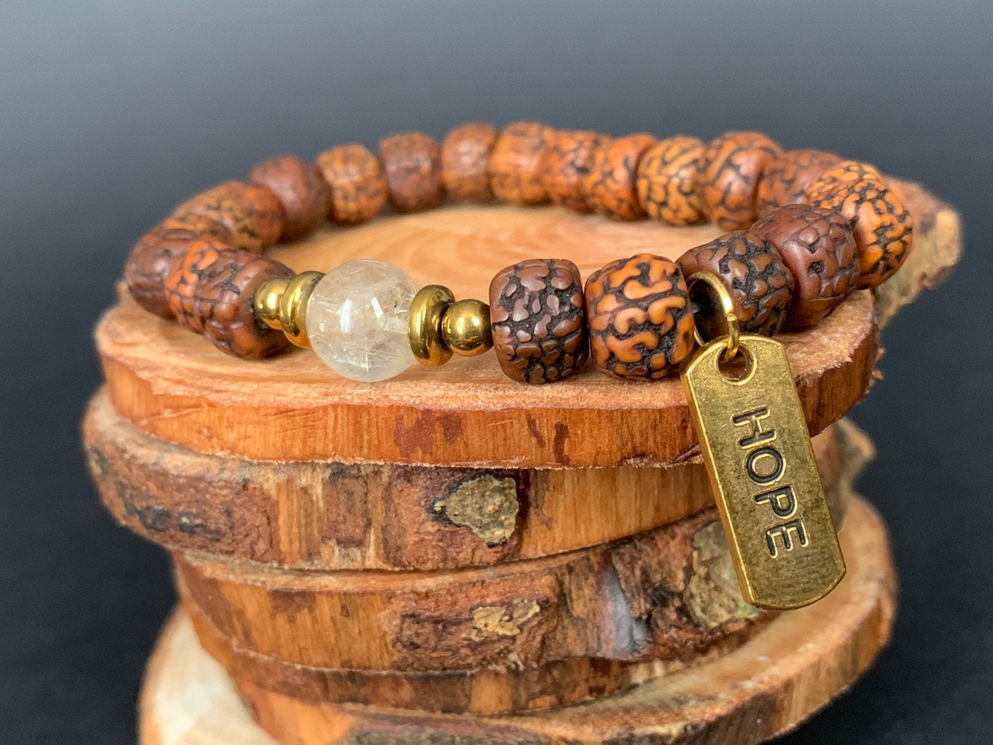 Rudraksha Rutilated Quartz Hematite Hope Charm Mens Bracelets - Konmay London
