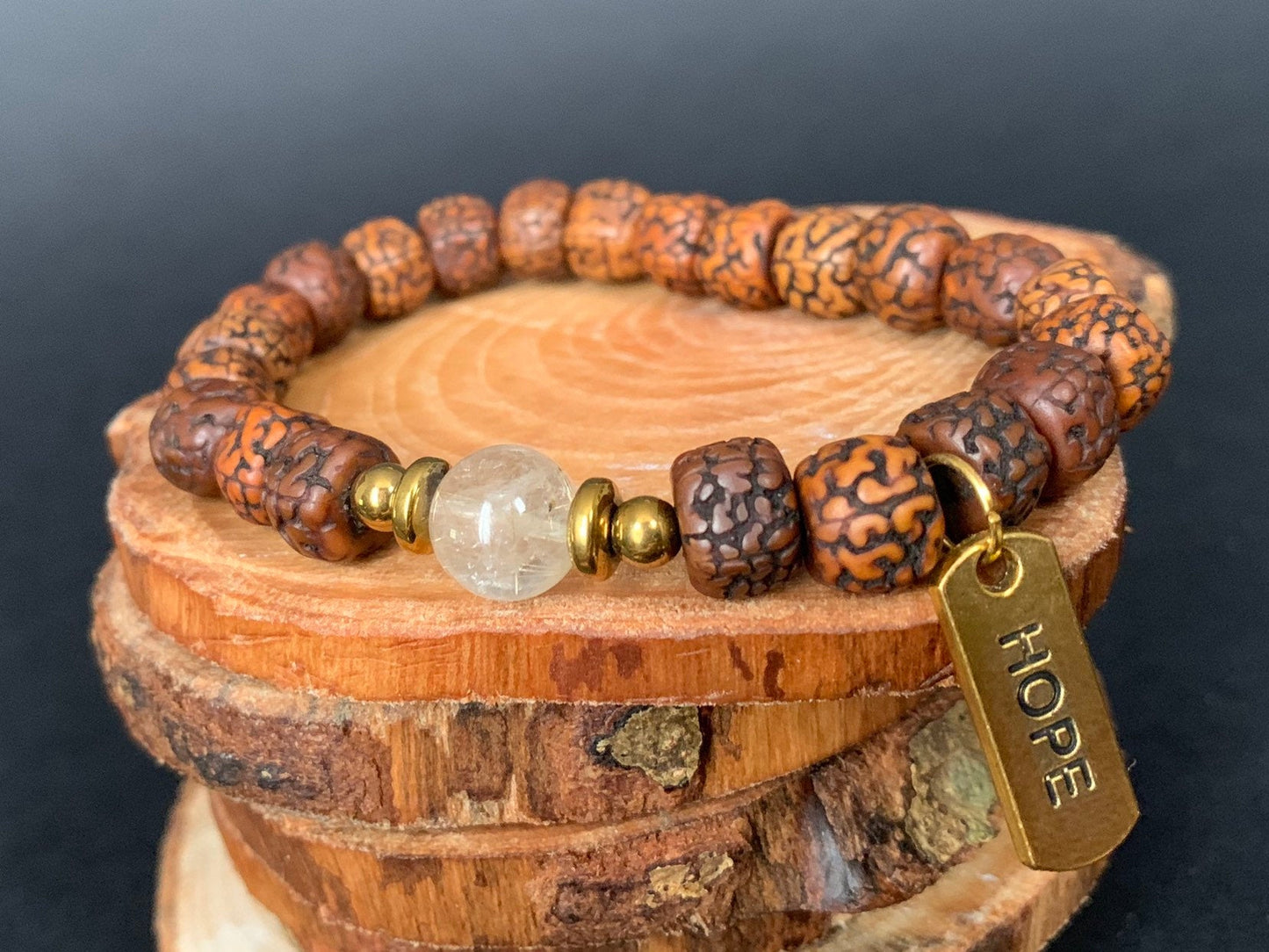 Rudraksha Rutilated Quartz Hematite Hope Charm Mens Bracelets - Konmay London