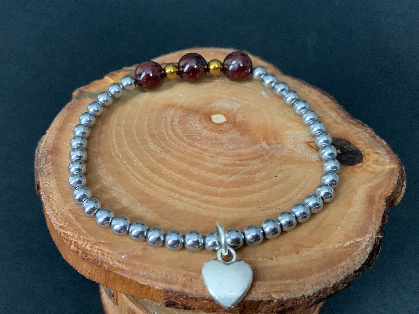 Garnet Hematite Metal Heart Charm Womens Bracelets - Konmay London