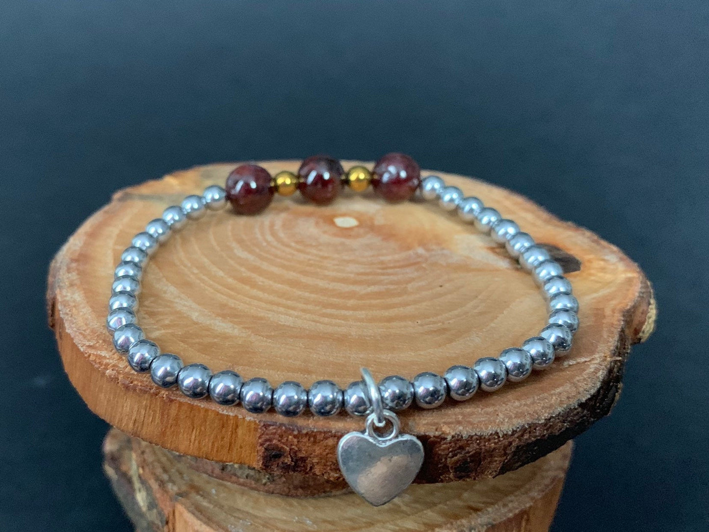 Garnet Hematite Metal Heart Charm Womens Bracelets - Konmay London