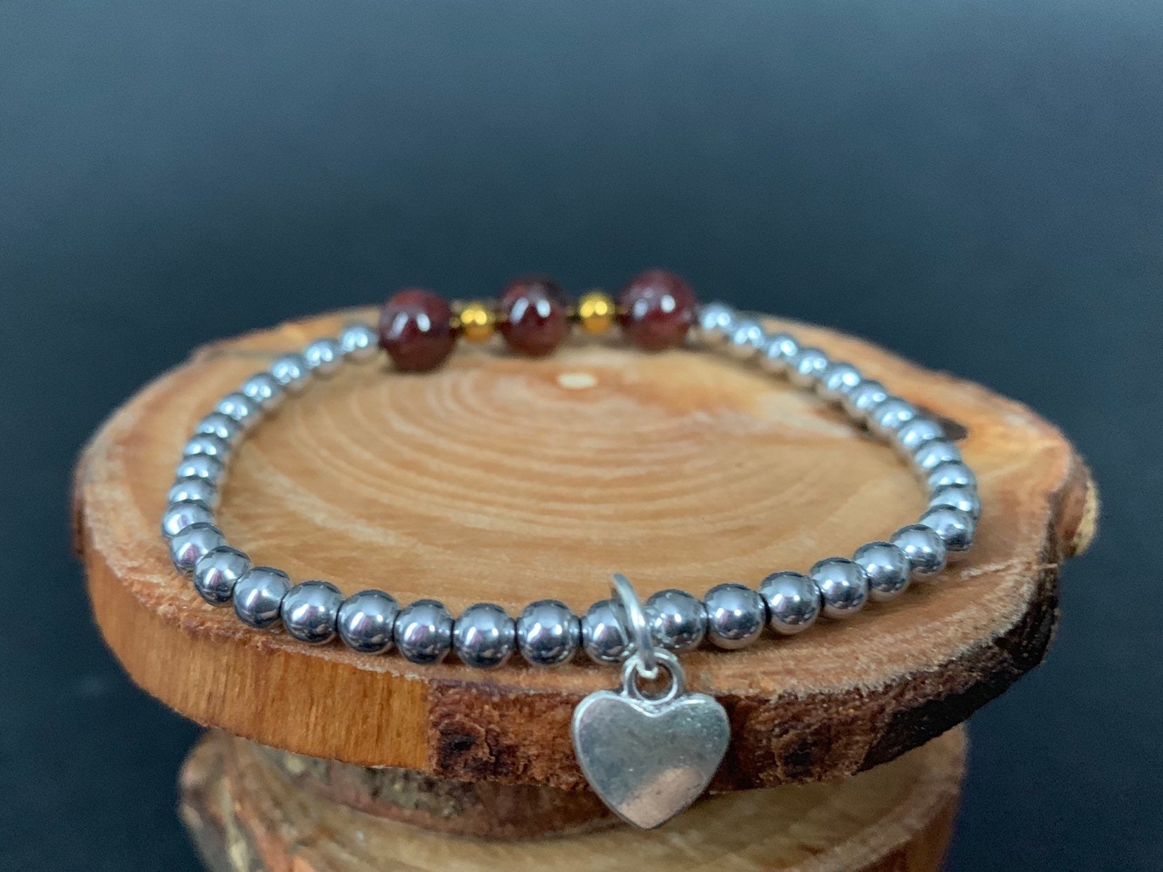 Garnet Hematite Metal Heart Charm Womens Bracelets - Konmay London