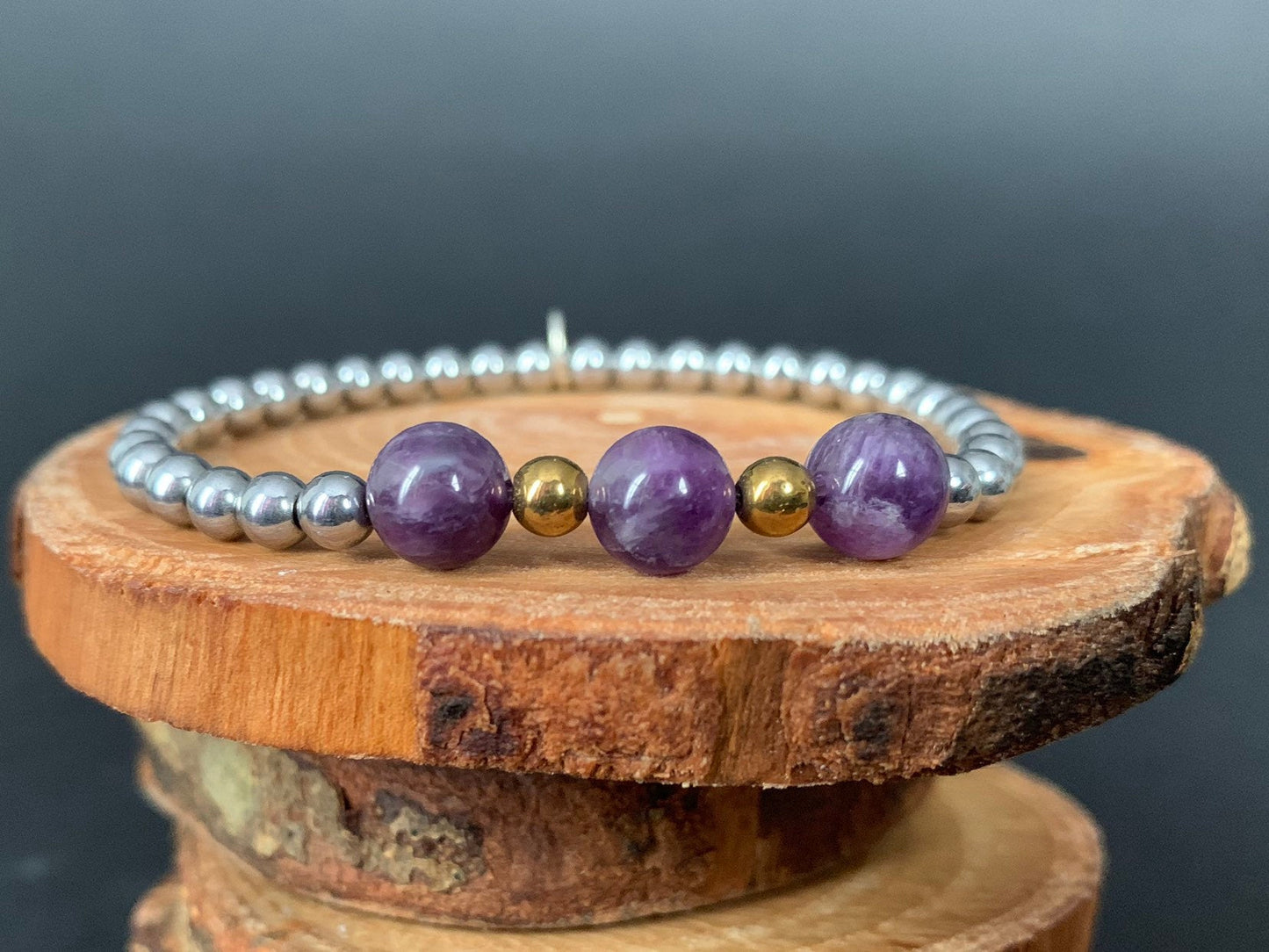 Amethyst Hematite Metal Heart Charm Womens Bracelets - Konmay London
