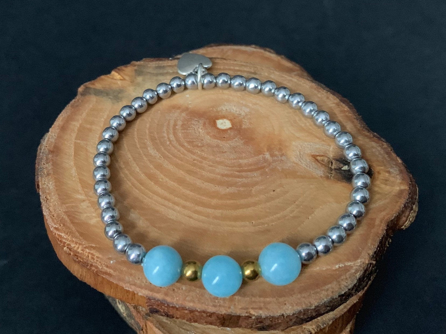 Aquamarine Hematite Metal Heart Charm Womens Bracelets - Konmay London