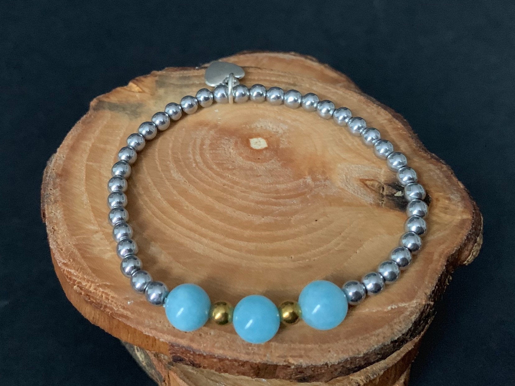 Aquamarine Hematite Metal Heart Charm Womens Bracelets - Konmay London