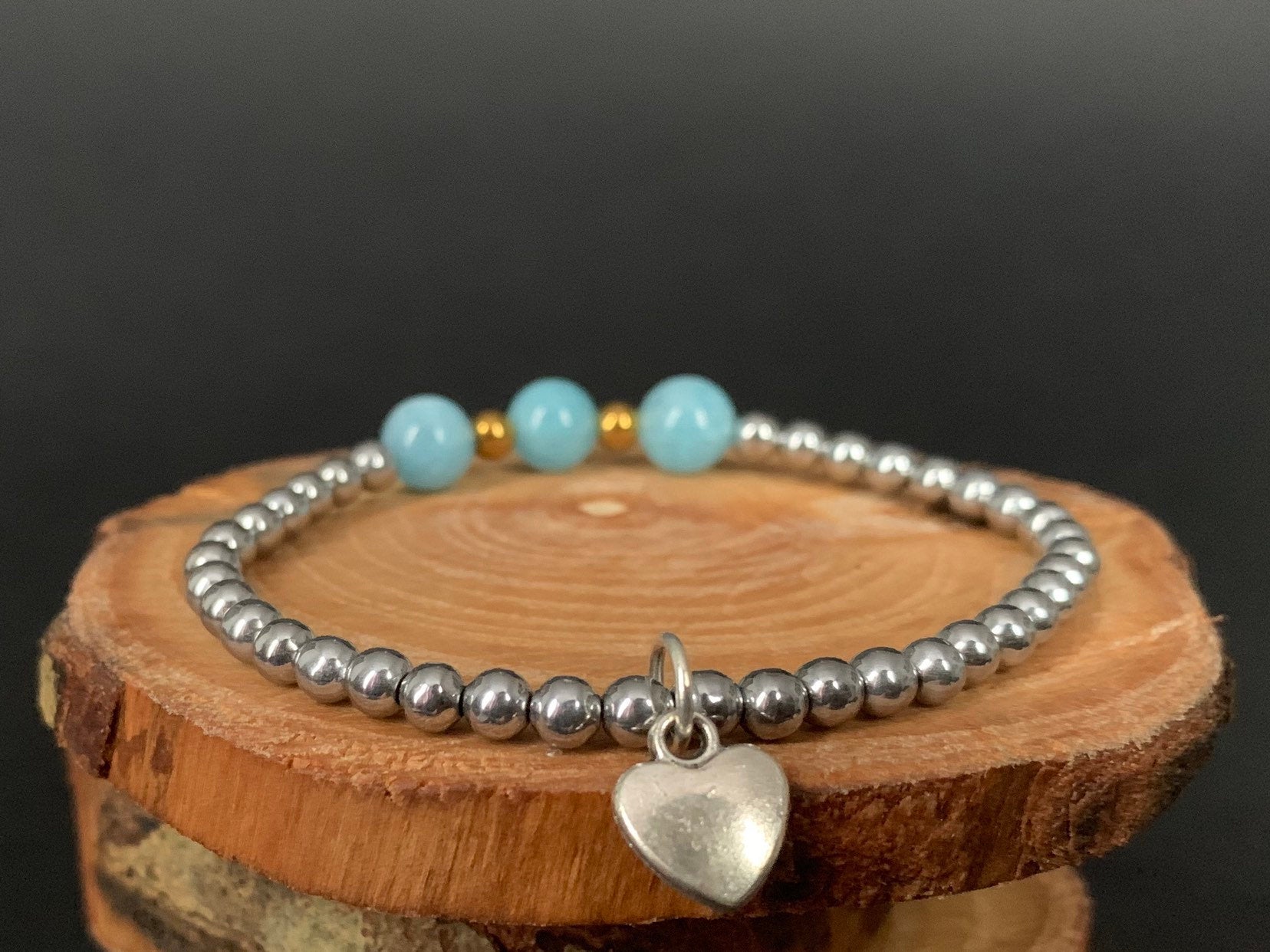 Aquamarine Hematite Metal Heart Charm Womens Bracelets - Konmay London