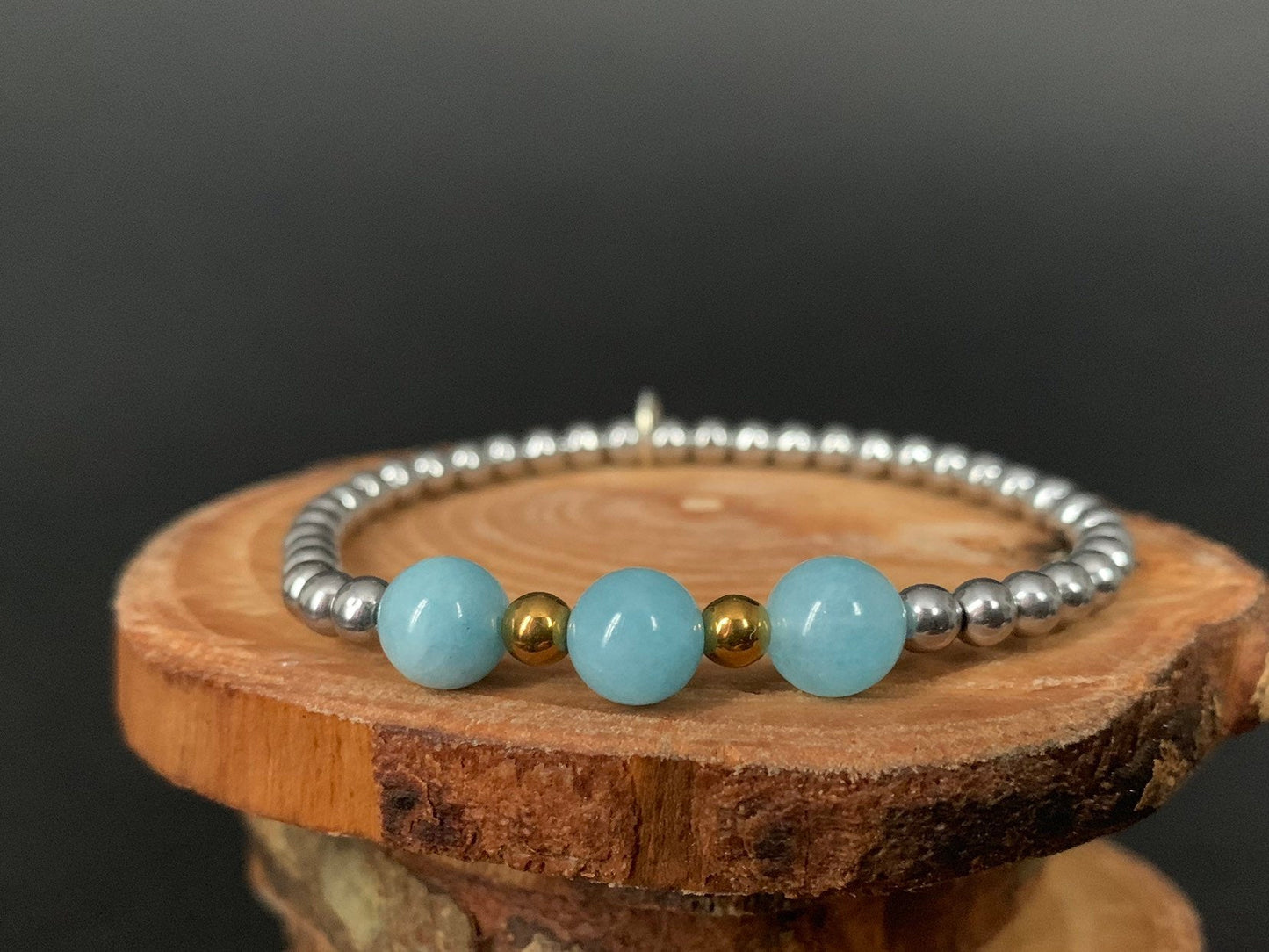Aquamarine Hematite Metal Heart Charm Womens Bracelets - Konmay London