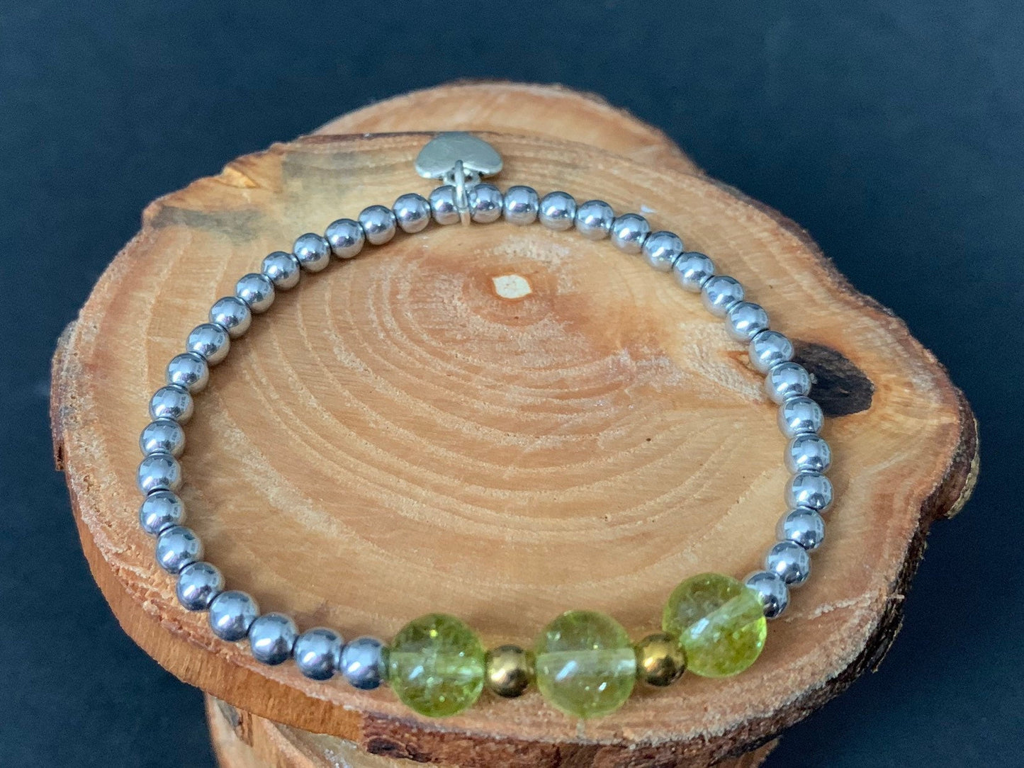 Peridot Hematite Metal Heart Charm Womens Bracelets - Konmay London