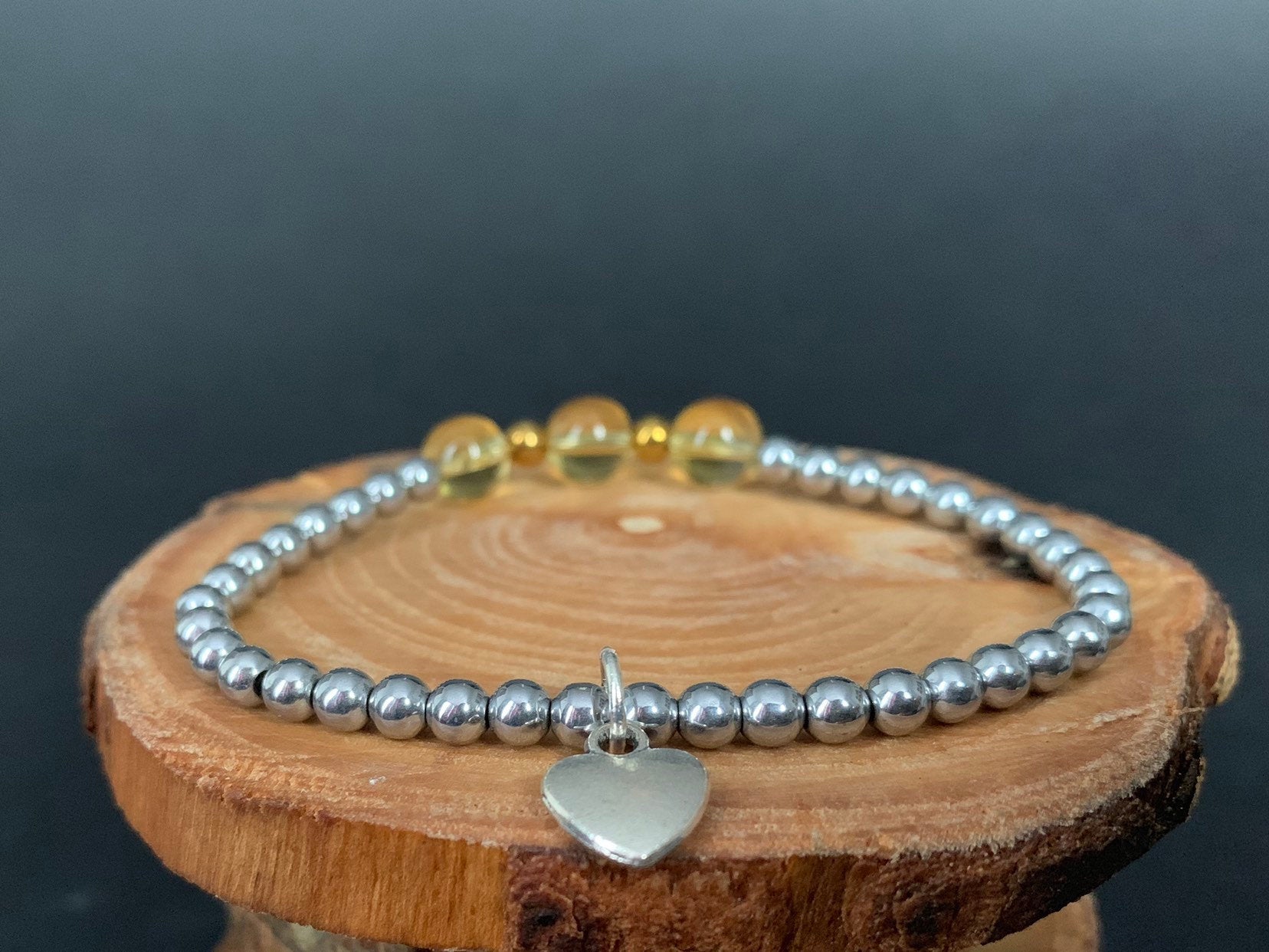 Citrine Hematite Metal Heart Charm Womens Bracelets - Konmay London