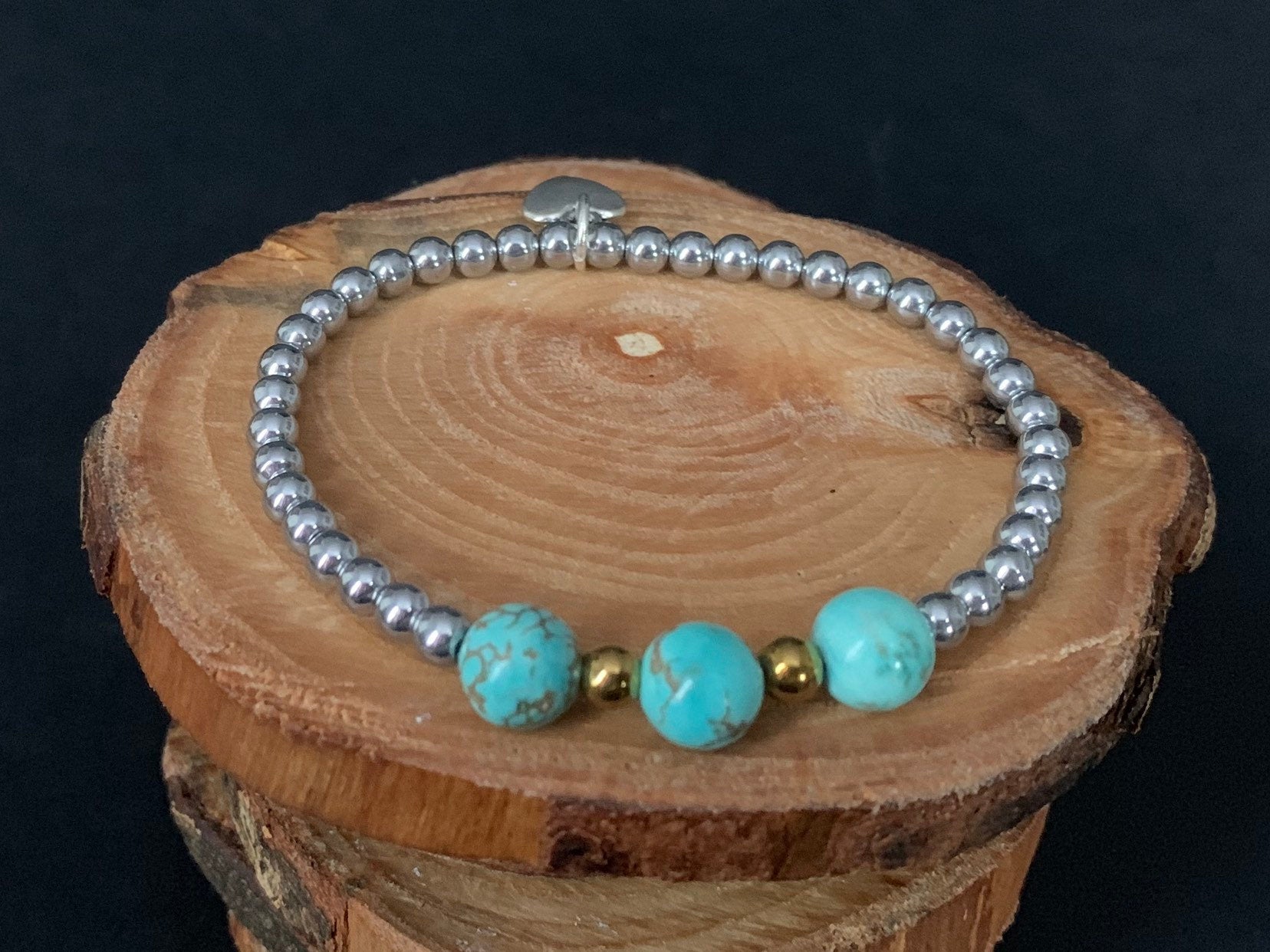 Turquoise Hematite Metal Heart Charm Womens Bracelets - Konmay London