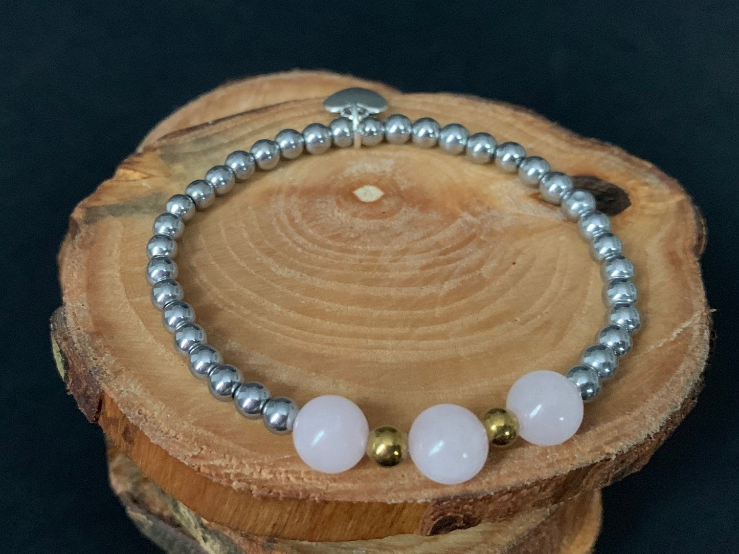 Rose Quartz Hematite Metal Heart Charm Womens Bracelets - Konmay London