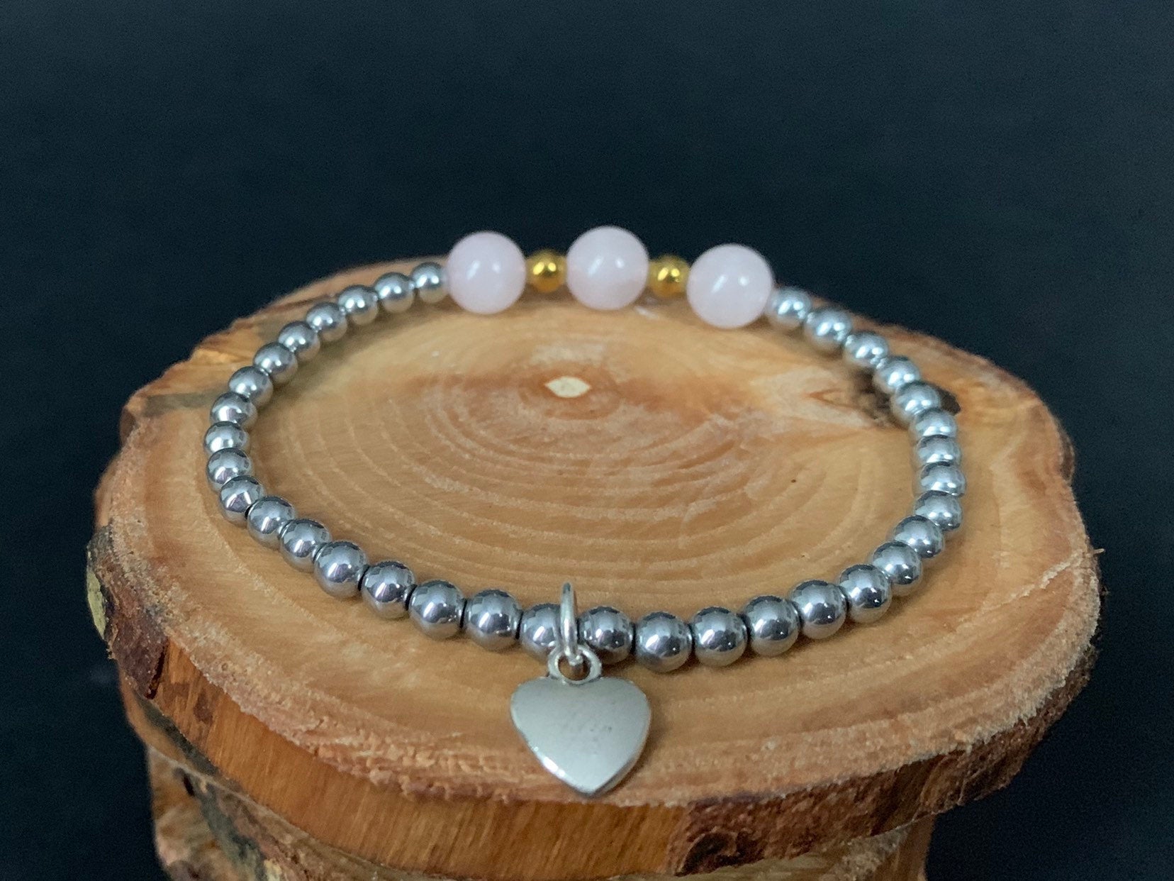 Rose Quartz Hematite Metal Heart Charm Womens Bracelets - Konmay London