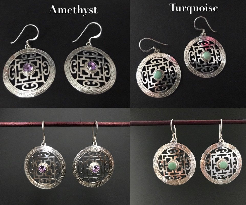 Handmade Mandala Amethyst/ Turquoise Silver Earrings - Konmay London