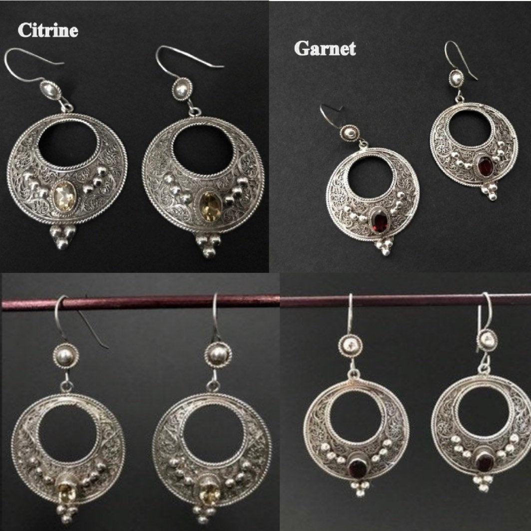 Handmade Floral Filigree Moon Citrine/Garnet/Onyx Silver Earrings - Konmay London