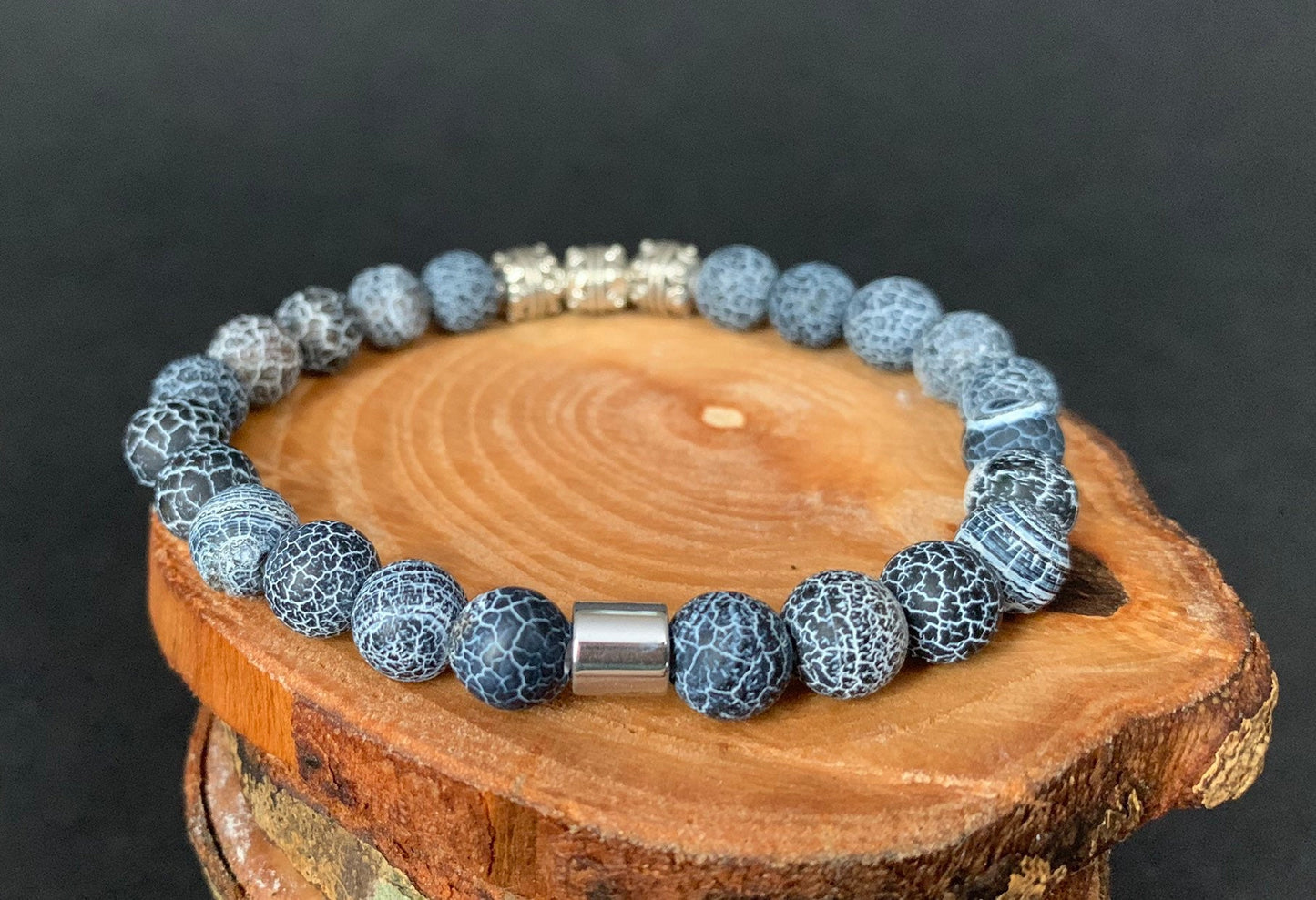 Frosted Spiderweb Agate Metal Charm Beads Mens Bracelets - Konmay London