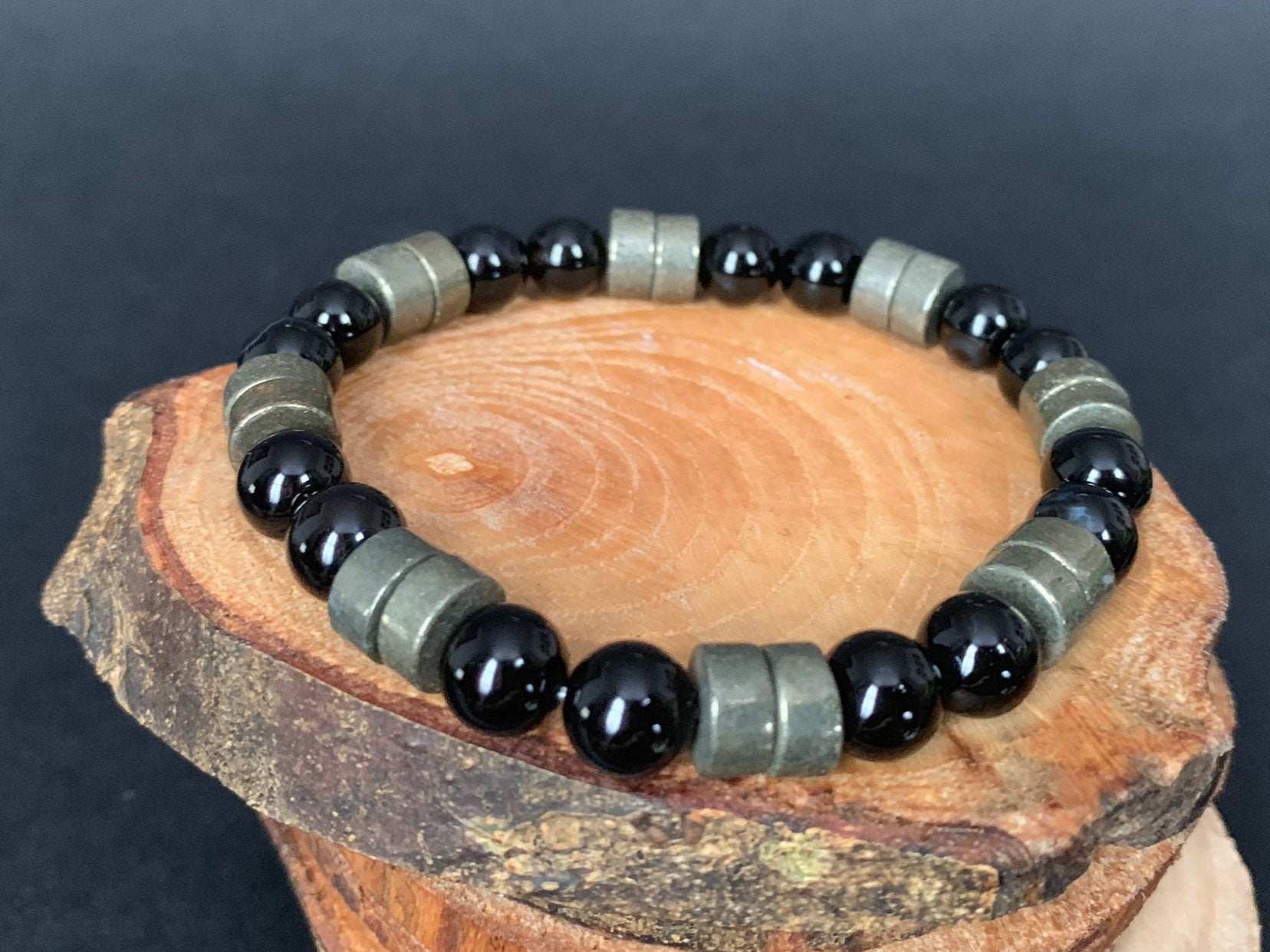 Handmade Personalise Initials Onyx Pyrite Men Women Bracelet - Konmay London