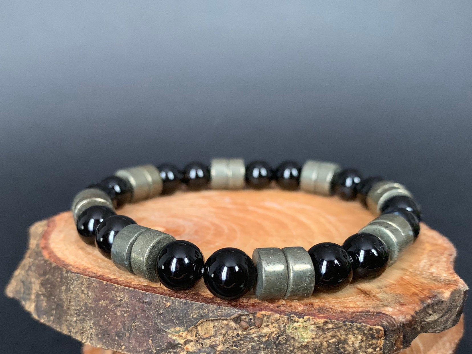 Handmade Personalise Initials Onyx Pyrite Men Women Bracelet - Konmay London