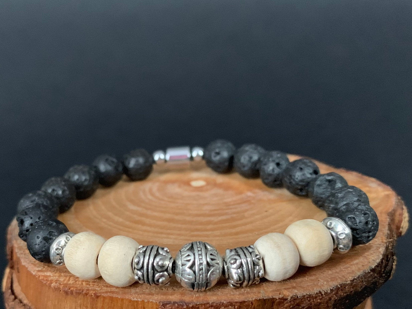 Lavarock Tulsi Hematite Lotus Flower Charm Metal Bead Mens Bracelets - Konmay London