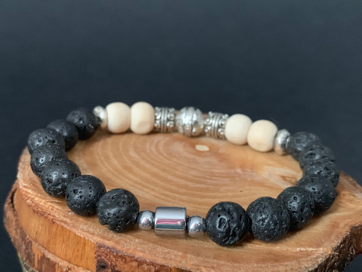 Lavarock Tulsi Hematite Lotus Flower Charm Metal Bead Mens Bracelets - Konmay London