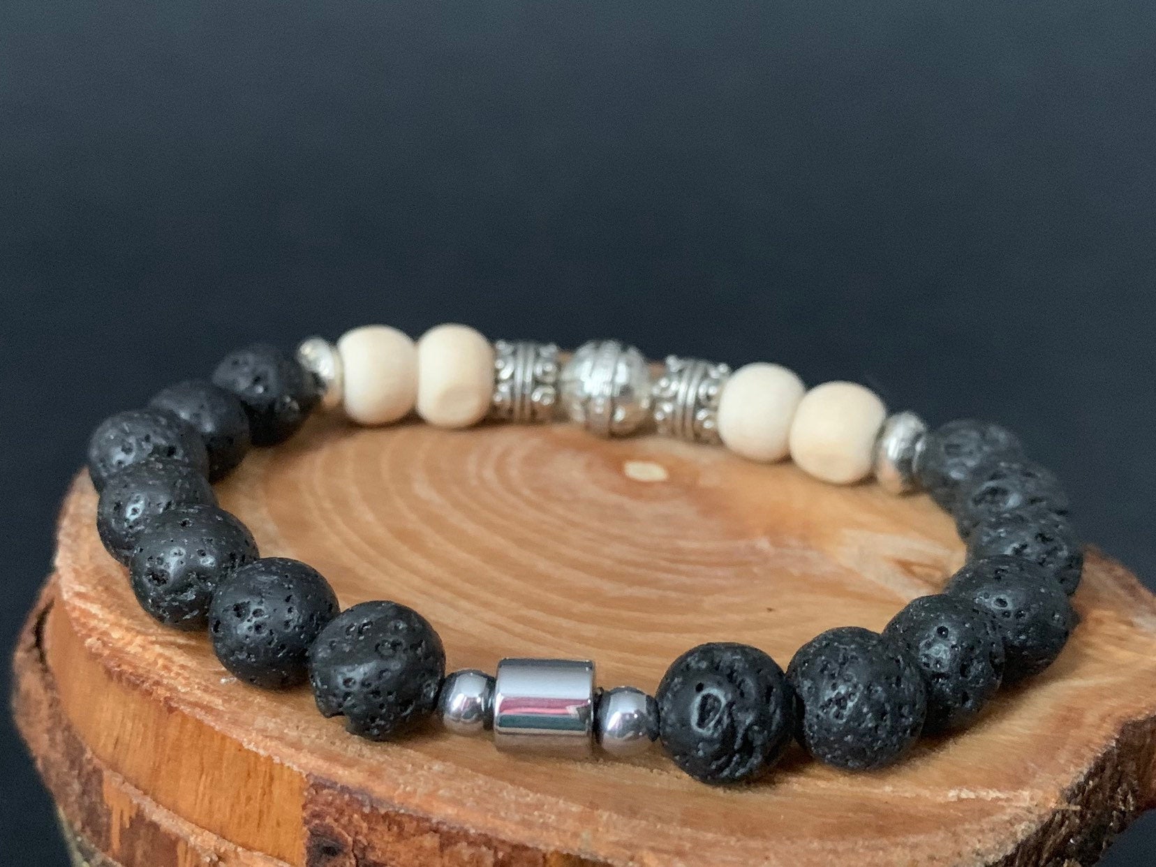 Lavarock  Tulsi Hematite Lotus Flower Charm Metal Bead Mens Bracelets - Konmay London