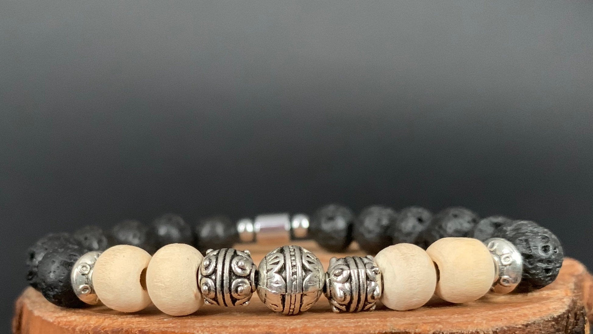 Lavarock  Tulsi Hematite Lotus Flower Charm Metal Bead Mens Bracelets - Konmay London