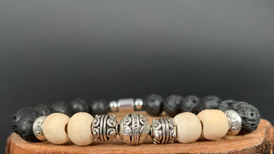 Lavarock  Tulsi Hematite Lotus Flower Charm Metal Bead Mens Bracelets - Konmay London