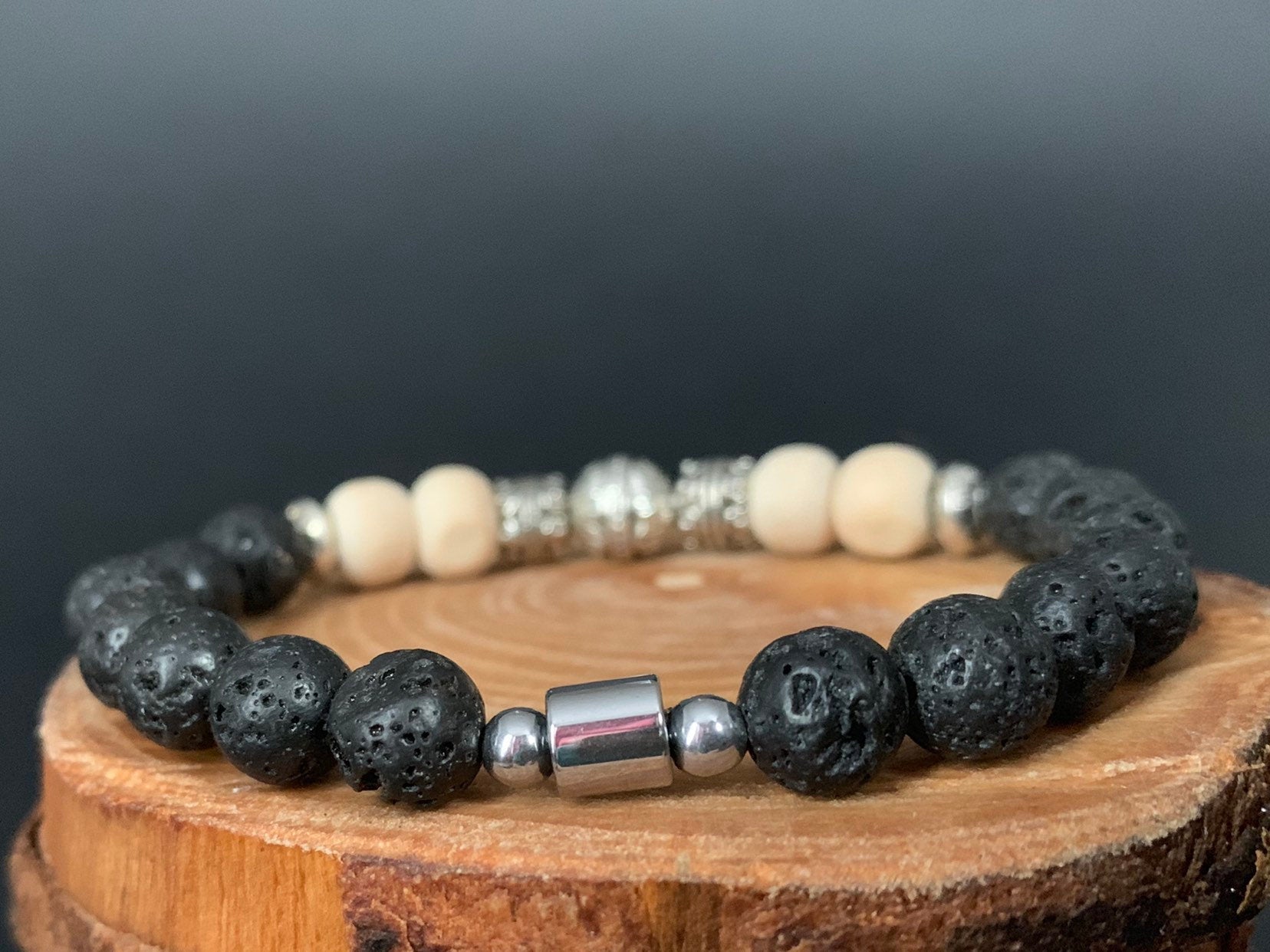 Lavarock  Tulsi Hematite Lotus Flower Charm Metal Bead Mens Bracelets - Konmay London