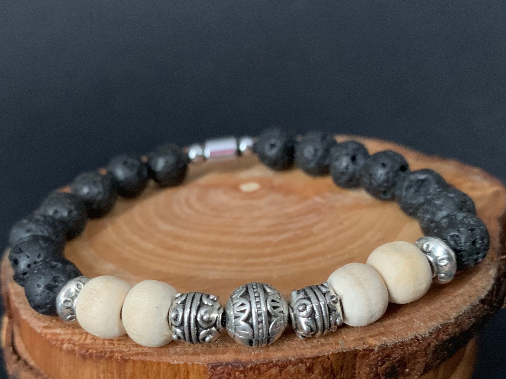 Lavarock  Tulsi Hematite Lotus Flower Charm Metal Bead Mens Bracelets - Konmay London