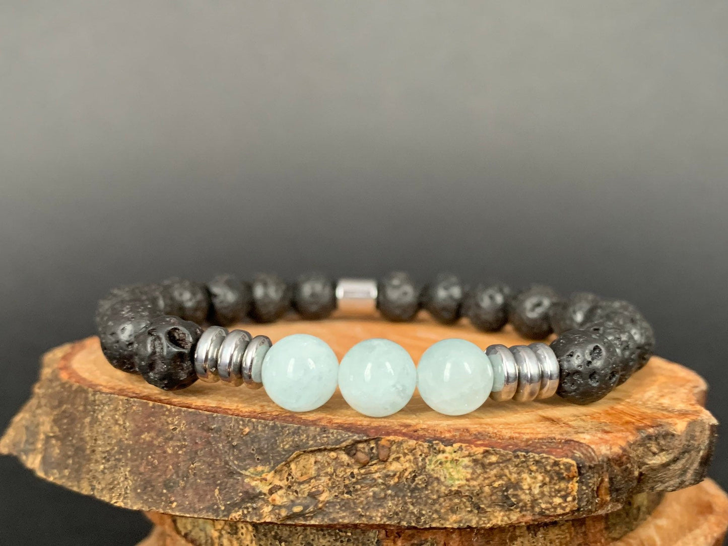 Aquamarine Lavarock Hematite Mens Bracelets - Konmay London