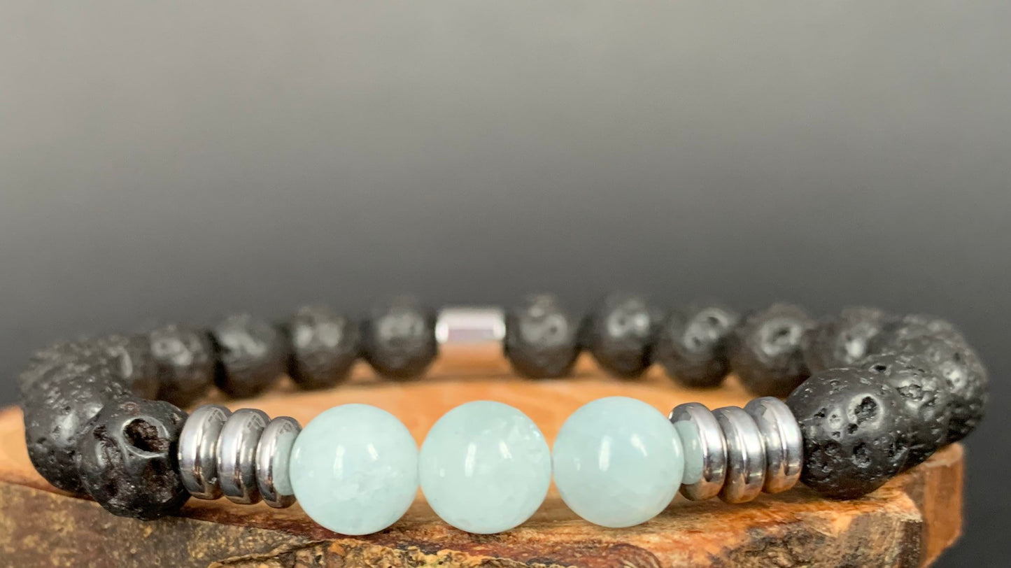 Aquamarine Lavarock Hematite Mens Bracelets - Konmay London