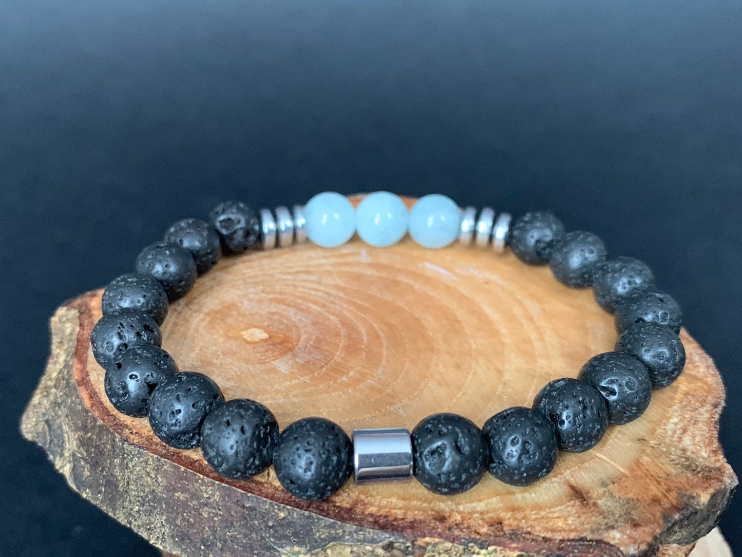 Aquamarine Lavarock Hematite Mens Bracelets - Konmay London