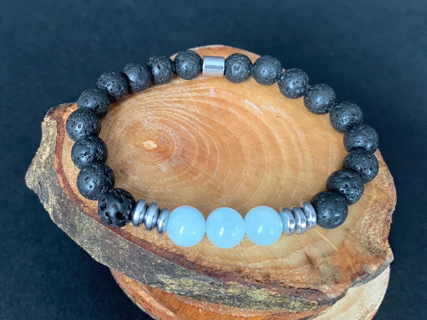 Aquamarine Lavarock Hematite Mens Bracelets - Konmay London
