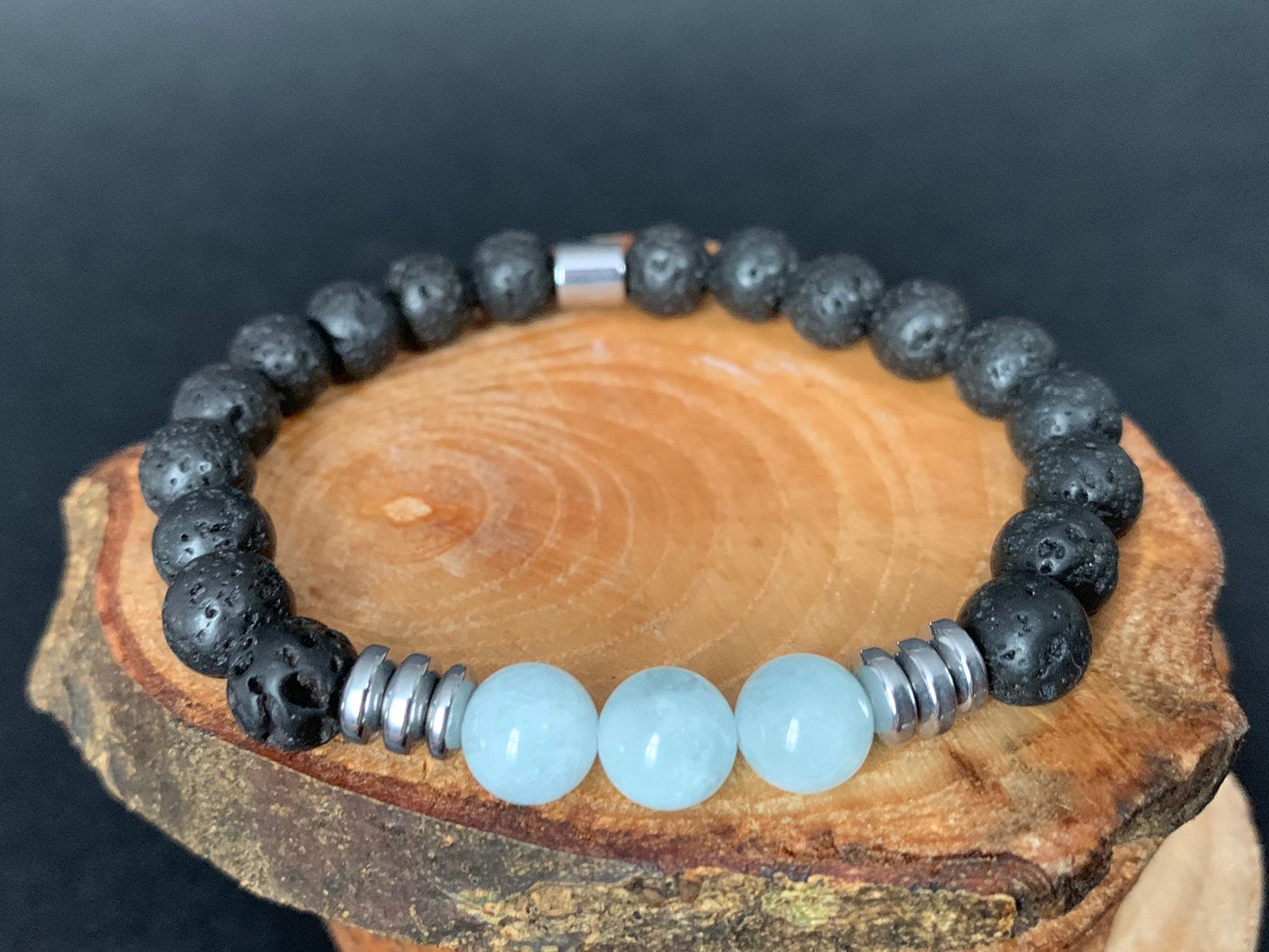 Aquamarine Lavarock Hematite Mens Bracelets - Konmay London