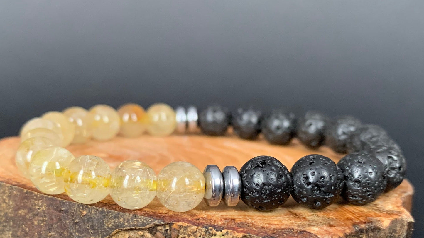 Handmade Personalise Initials Rutilated Quartz Lavarock Hematite Men Women Bracelet - Konmay London