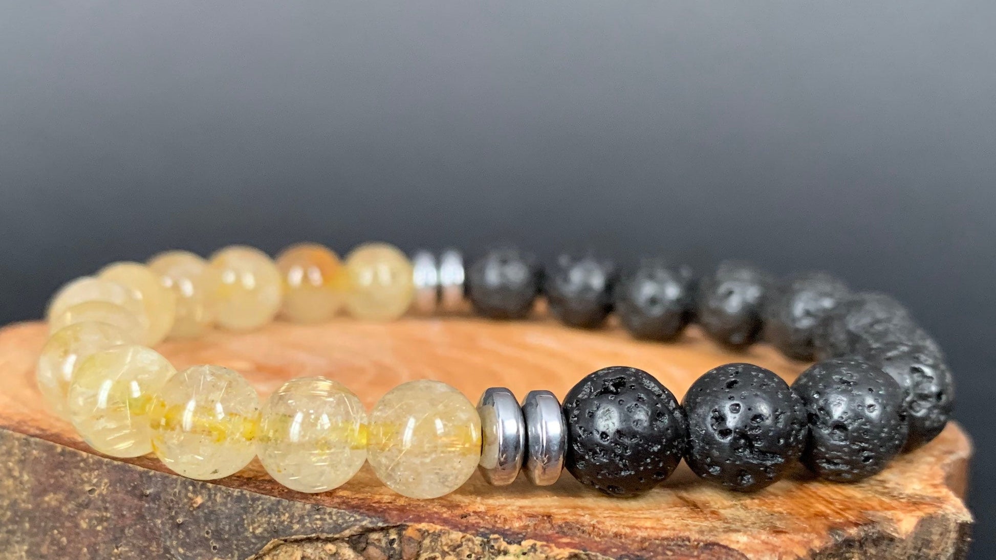 Handmade Personalise Initials Rutilated Quartz Lavarock Hematite Men Women Bracelet - Konmay London