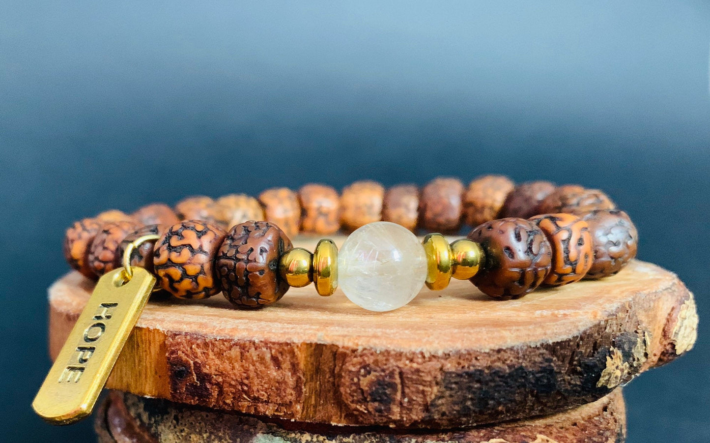 Rudraksha Rutilated Quartz Hematite Hope Charm Mens Bracelets - Konmay London