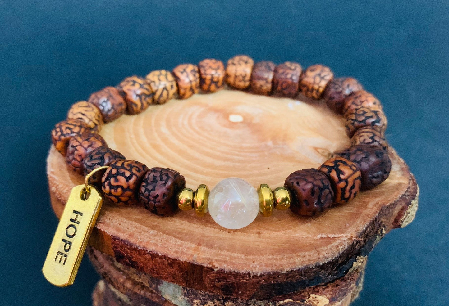 Rudraksha Rutilated Quartz Hematite Hope Charm Mens Bracelets - Konmay London