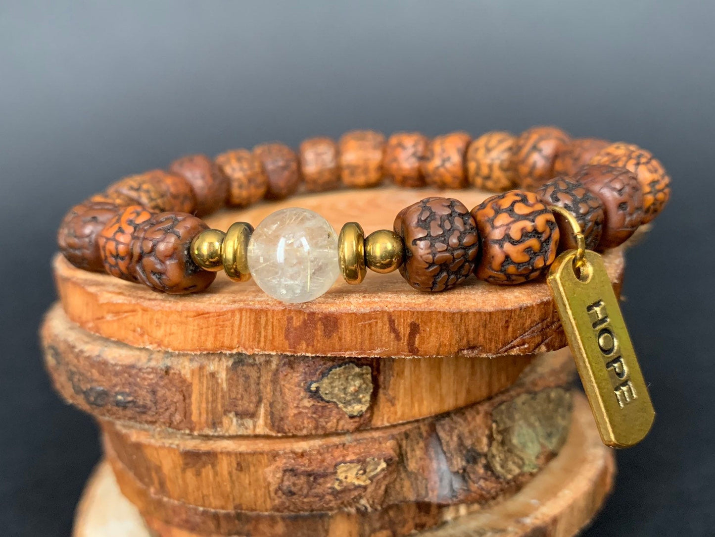 Rudraksha Rutilated Quartz Hematite Hope Charm Mens Bracelets - Konmay London