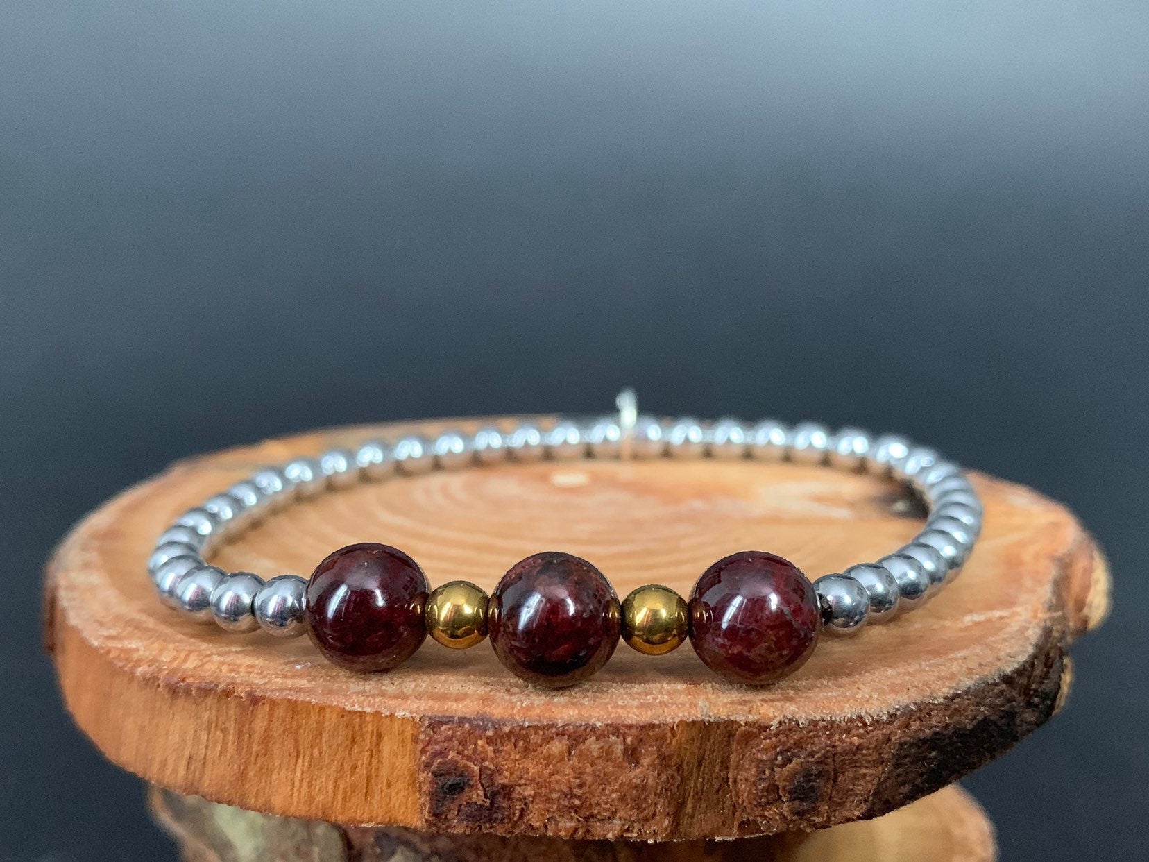 Garnet Hematite Metal Heart Charm Womens Bracelets - Konmay London
