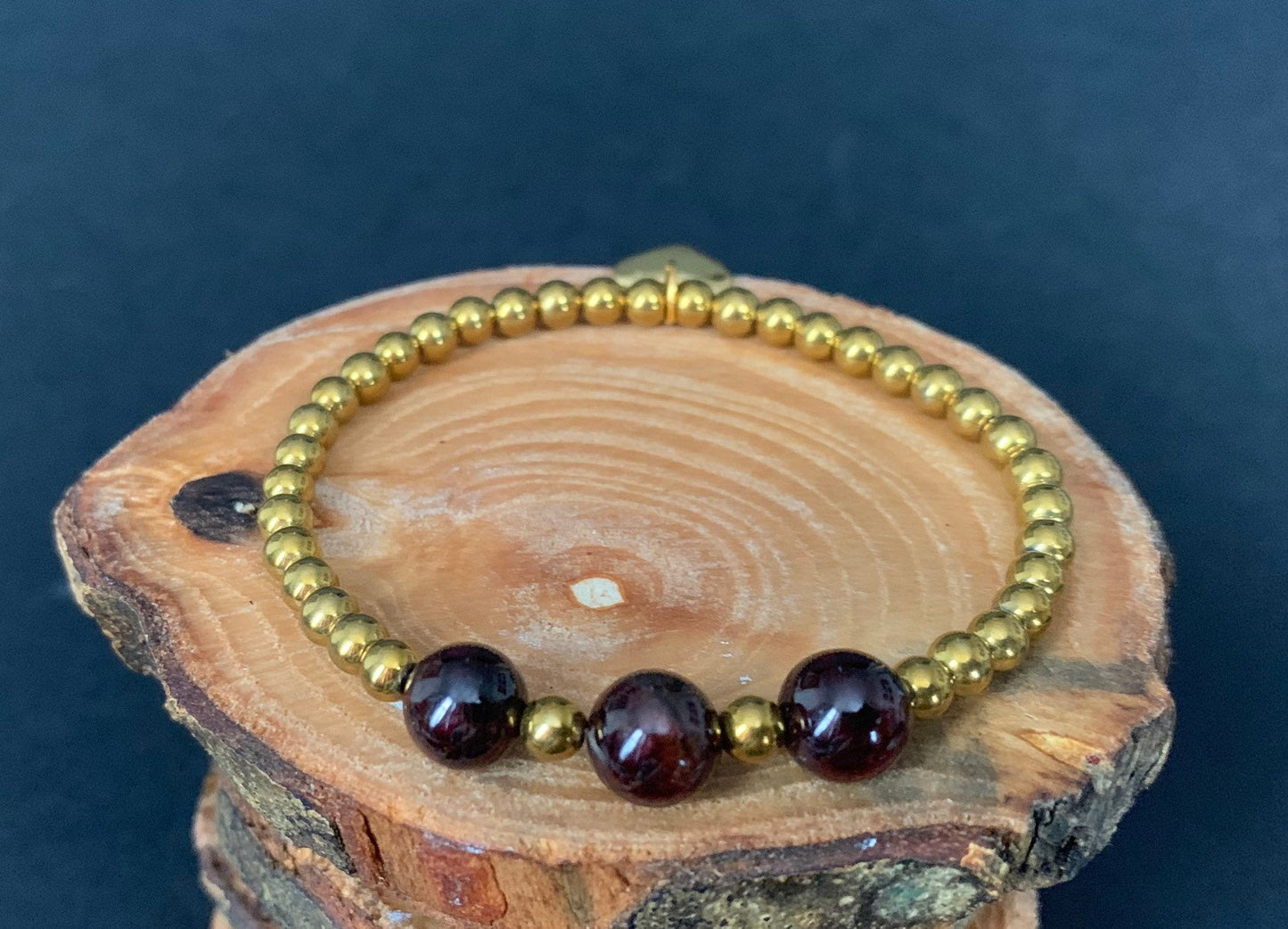 Garnet Gold Hematite Metal Heart Charm Womens Bracelets - Konmay London