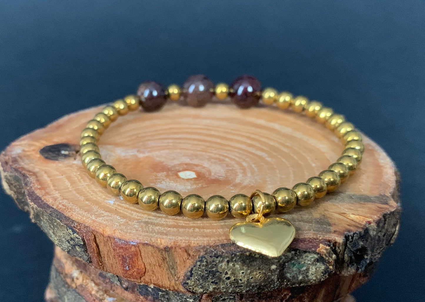 Garnet Gold Hematite Metal Heart Charm Womens Bracelets - Konmay London