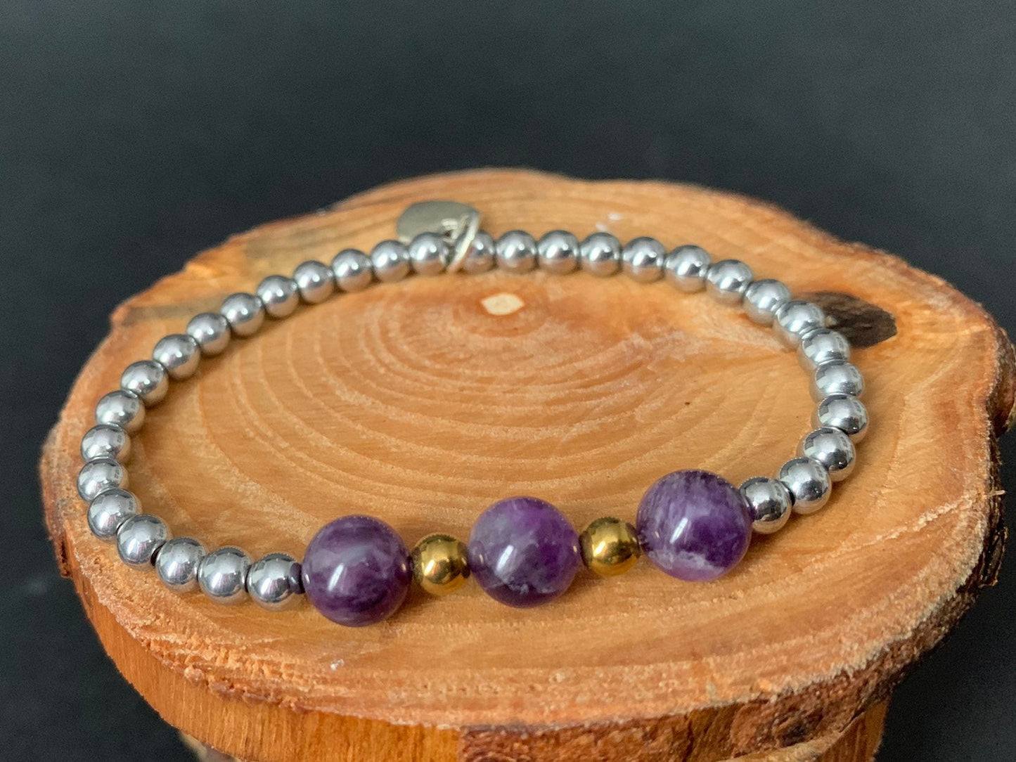 Amethyst Hematite Metal Heart Charm Womens Bracelets - Konmay London