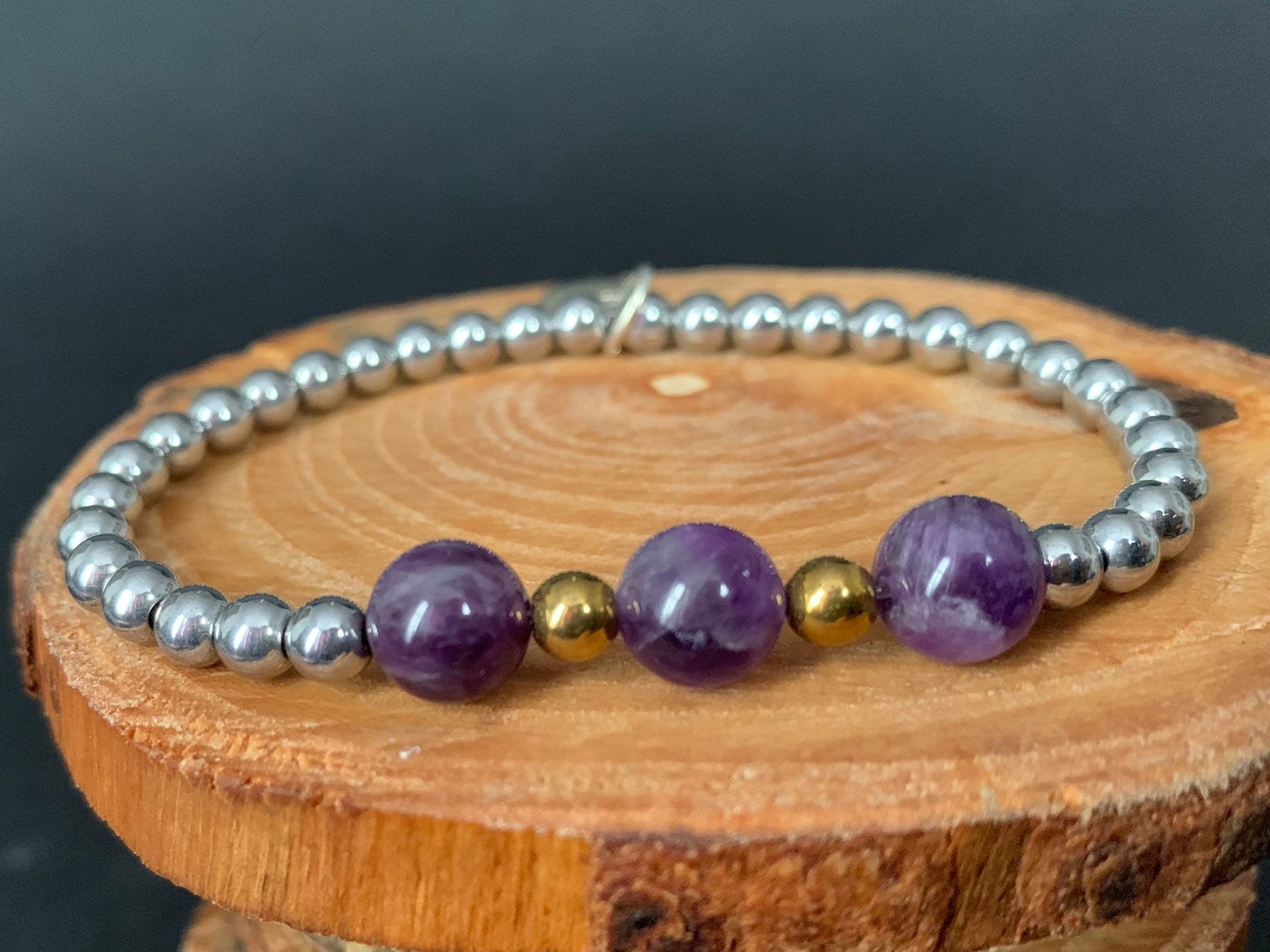 Amethyst Hematite Metal Heart Charm Womens Bracelets - Konmay London