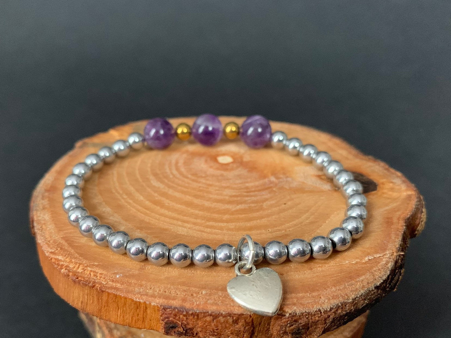 Amethyst Hematite Metal Heart Charm Womens Bracelets - Konmay London
