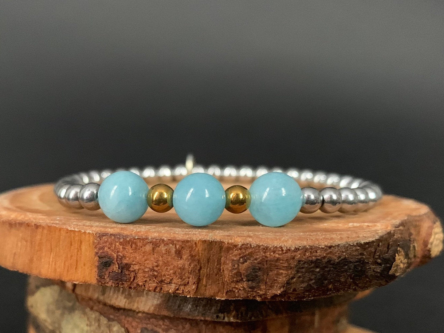 Aquamarine Hematite Metal Heart Charm Womens Bracelets - Konmay London
